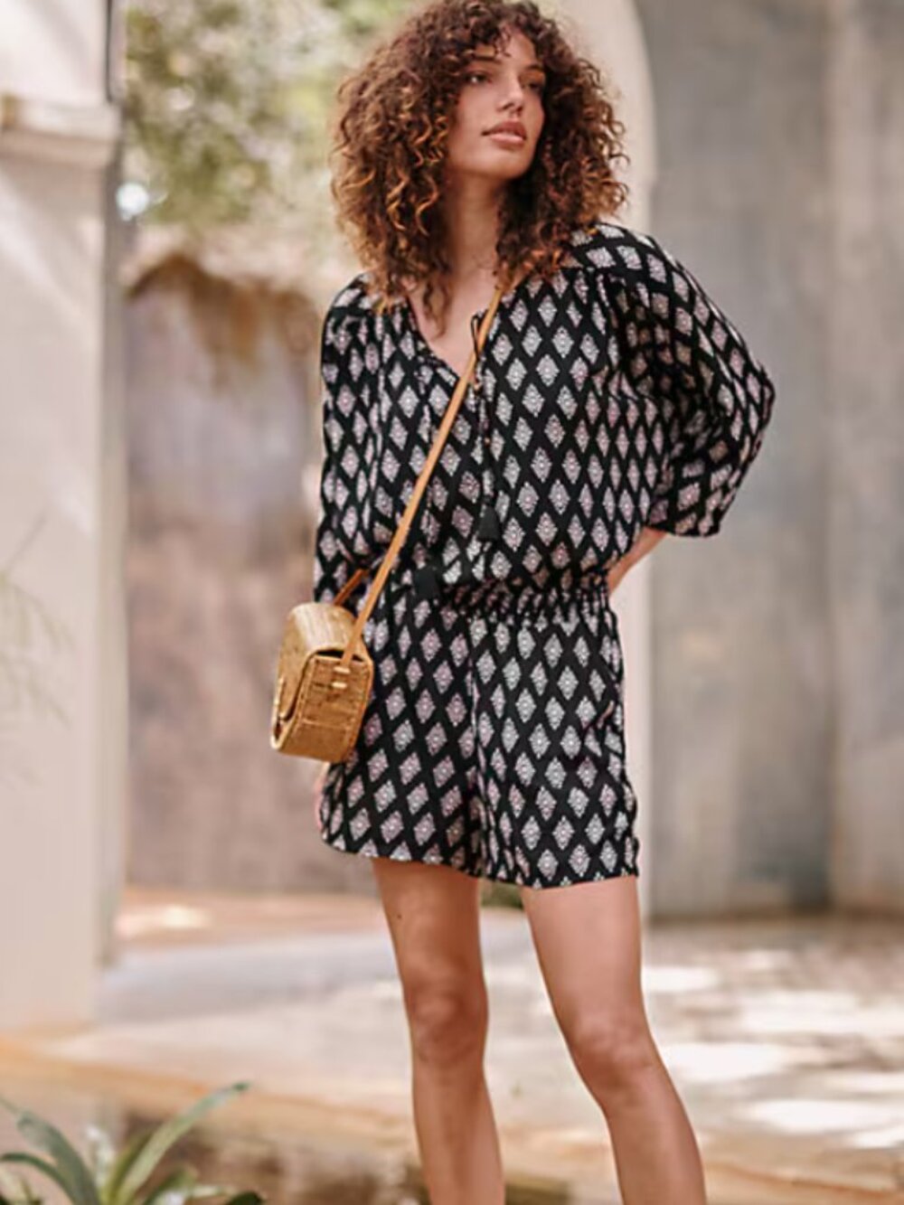 Garnet‎ Hill Remi Draped Romper black white block print S